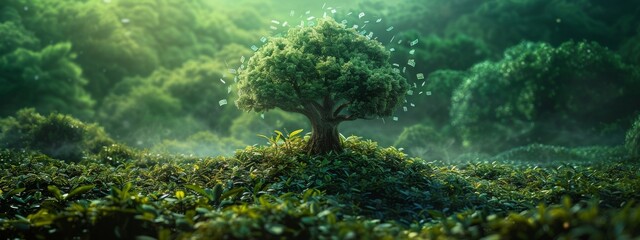 Fototapeta premium A tree with branches made of currency symbols and leaves as financial assets, set in a lush landscape. Represents eco-friendly economic growth.