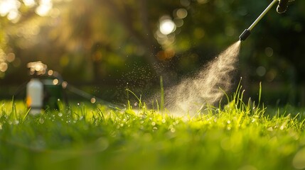 Worker spraying pesticide on a green lawn outdoors for pest control: 