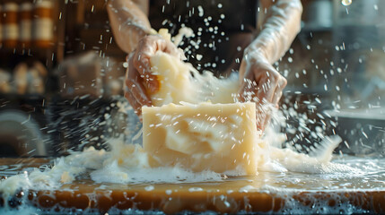 A woman making soap in a photo realistic concept, showcasing creativity, craftsmanship, and satisfaction in the aromatic and practical hobby of soap making