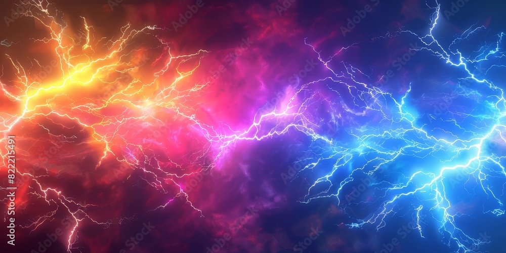 Canvas Prints colorful lightning background, red yellow blue purple lightning effects, colorful thunderstorm, rain