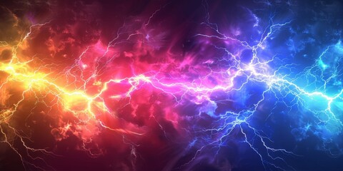 Fototapeta premium Colorful lightning background, red yellow blue purple lightning effects, colorful thunderstorm, Rainbow lightning effect. electric texture, banner