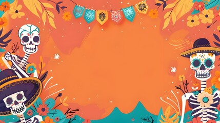 Minimalist Doodle Day of the Dead Background with Skeleton Silhouettes Colorful Floral Patterns and Andes Mountain Landscape