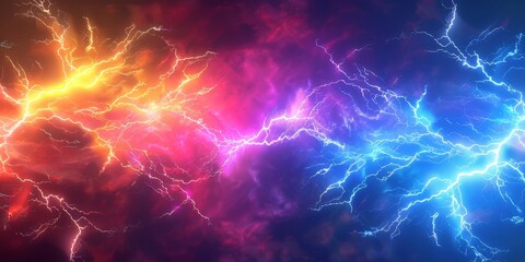 Colorful lightning background,  red yellow blue purple lightning effects, colorful thunderstorm, Rainbow lightning effect. electric texture, banner