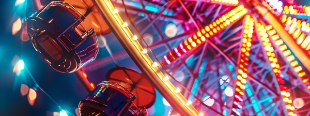 A vibrant, carnival ride background with Ferris wheels and bright lights.