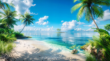 Tranquil Beach Paradise in the Maldives, White Sands and Clear Blue Waters, Exotic Vacation Spot