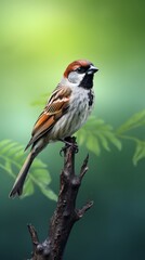 Fototapeta premium Sparrow sitting on a branch on a green background.