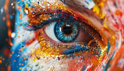 Fototapeta premium Close-up of a vibrant blue eye with colorful paint marks, symbolizing creativity and artistic expression.