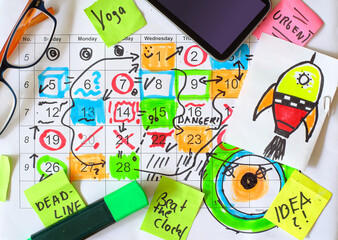 Calendar with business appointments, sticky notes and spectacles, monthly schedule. Business...