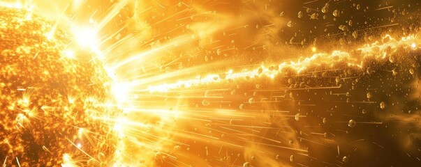 Fototapeta premium The image captures the intense heat and dynamic energy of a solar flare erupting from the surface of the sun, with vibrant, fiery hues and swirling particles illuminating the scene