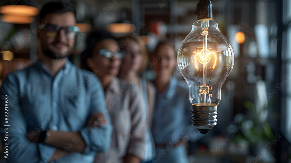 Poster photo realistic startup team with light bulb and prototypes highlighting new business ideas developm