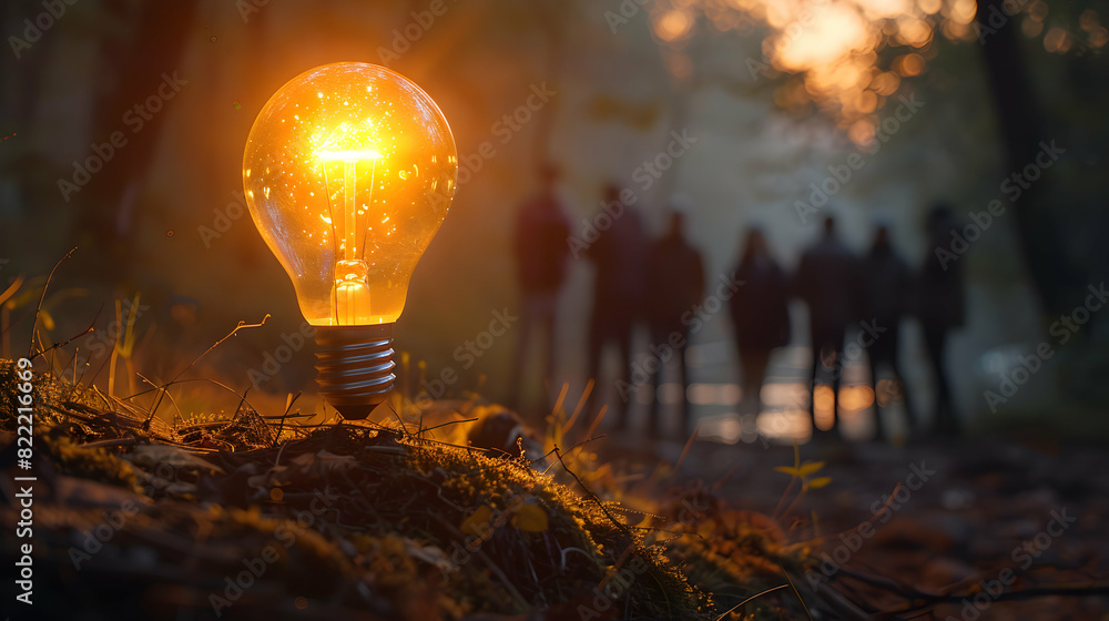 Poster innovative startup team concept with light bulb and prototypes showcasing idea development for busin