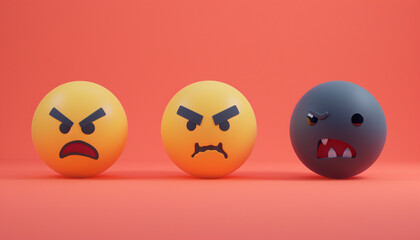 A minimalist 3D  of three emojis: a yellow startled, a slate uneasy, and a dark cyan vexed emoji, all on a solid coral background.