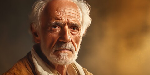 Gold background sad european white man grandfather realistic person portrait older person beautiful bad mood old man Isolated on Background ethnic 