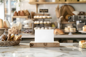 Minimalist paper blank mockup on blurred bakery counter displaying bread background. White card with space for text or design.