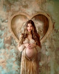 Naklejka premium A radiant pregnant woman tenderly cradles her belly, smiling softly in a sunlit room. Her long hair and elegant dress enhance her serene, joyful demeanor.