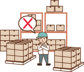 倉庫でNGサインを出す男性。