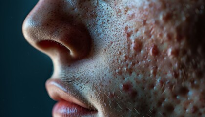 Fototapeta premium Close-up view of skin with visible acne and pores, illustrating common skin concerns and dermatological conditions.