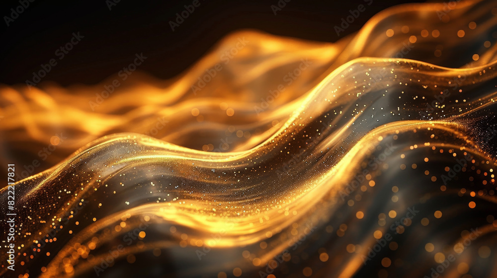 Poster elegant and mysterious abstract art with shimmering gold lines on deep black background.