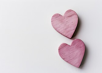 Obraz premium Two Pink Wooden Hearts on White Background for Valentine's Day