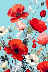 Vibrant poppies and daisies floral illustration on a blue background. Perfect for decor, stationery, and design projects.