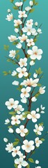 Beautiful floral illustration with white blossoms on a branch against a teal background. Ideal for spring and nature-themed designs.