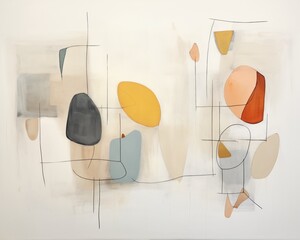 Abstract geometric painting with colorful shapes and neutral background, perfect for modern art, home decor, new use, current things.