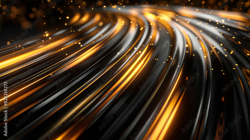 Poster dynamic abstract of gold strip lines on black canvas, conveying speed and flow.