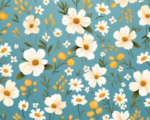 background  floral pattern with white and yellow flowers on a teal blue background. Perfect for textile, wallpaper, and decorative design.
