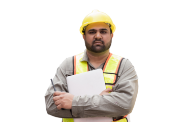 Male engineer worker on transparent background. Male technician wear safety helmet and uniform on transparent background