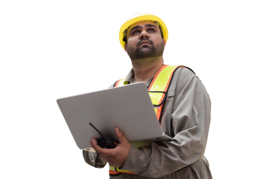 Male engineer worker on transparent background. Male technician wear safety helmet and uniform on transparent background