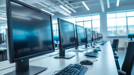 Fototapeta premium Modern computer lab with rows of sleek monitors and computers, close-up view highlighting digital learning and contemporary educational technology