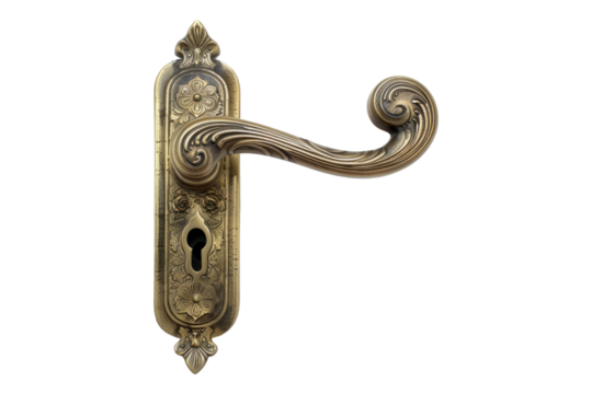 Antique brass door handle isolated on transparent background