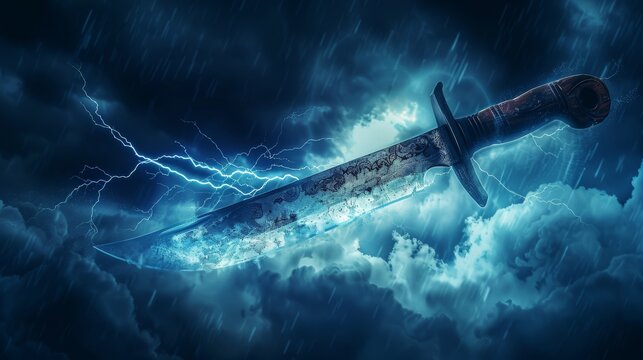 Majestic rustic knife striking down with lightning power, symbolizing swift justice, against a stormy sky backdrop, dynamic and dramatic scene