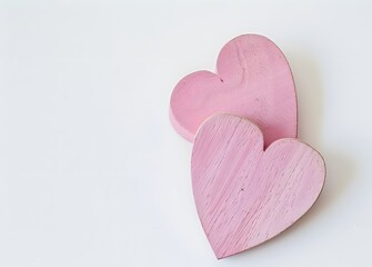 Obraz premium Two Pink Wooden Hearts on White Background