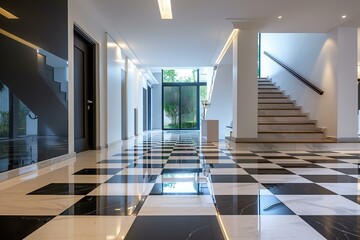 modern cosy entrance hallway in a modern house with checkerboard marble floors