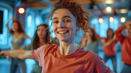 Non-binary person participating in a dance class with friends