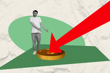 Creative collage image young confused upset man showing economy falling arrow downwards golden coin...