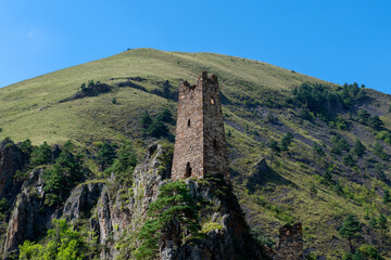 The complex of Ingush defense watchtowers Vovnushki. Guloikhi gorge. The Republic of Ingushetia....
