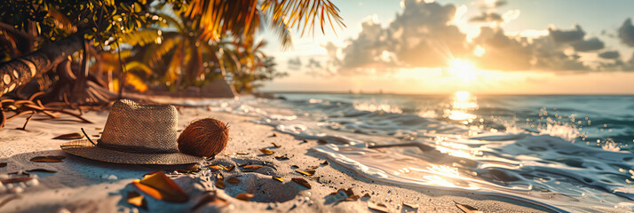 Tranquil Beach Sunset with Palms, Picturesque View of Tropical Paradise