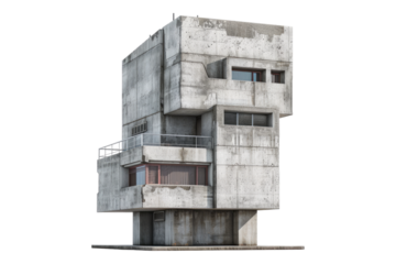 Brutalist concrete building isolated on transparent background