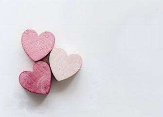 Obraz premium Minimalist Pink Wooden Hearts on White Background
