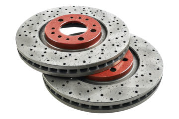 Car brake disk and red calipers isolated on transparent background