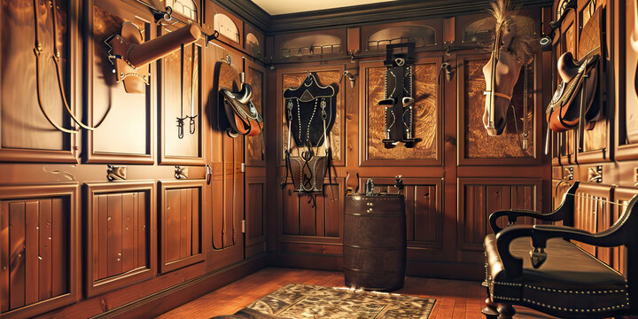 Saddle Club Room: A room designed for a saddlery club or riding academy, with walls adorned with tack, bits, and spurs