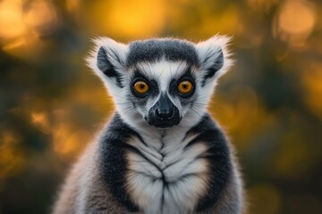 Obraz premium A cute ring-tailed lemur with big eyes, looking at the camera, isolated against a blurred background, in the forest. Soft sunlight. Close-up portrait.