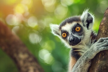 A cute ring-tailed lemur with big eyes, looking at the camera, isolated against a blurred background, in the forest. Soft sunlight. Close-up portrait.