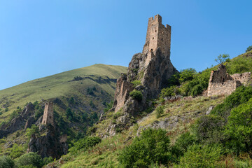 The complex of Ingush defense watchtowers Vovnushki. Guloikhi gorge. The Republic of Ingushetia. Russia