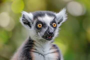 A cute ring-tailed lemur with big eyes, looking at the camera, isolated against a blurred background, in the forest. Soft sunlight. Close-up portrait.