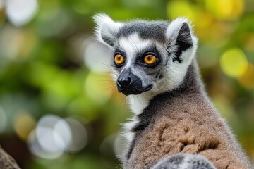 Obraz premium A cute ring-tailed lemur with big eyes, looking at the camera, isolated against a blurred background, in the forest. Soft sunlight. Close-up portrait.