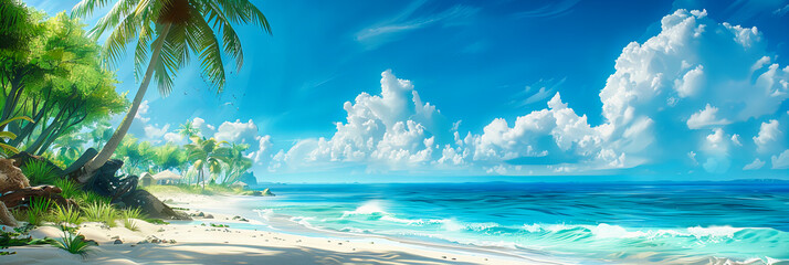 Tranquil Caribbean Beach with Clear Blue Waters and Soft Sands, Ideal Sunny Vacation Paradise