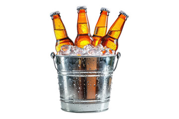 Cold bottle of bear in a bucket with ice isolated on transparent background
